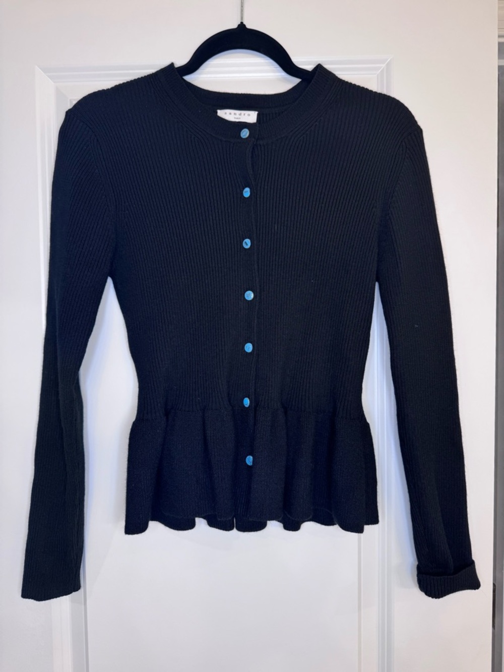 Sandro Black Ribbed Peplum Cardigan with Blue Buttons
